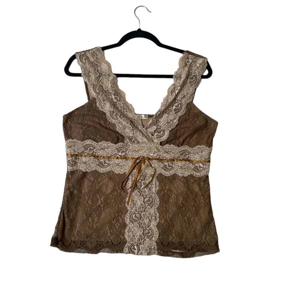 Moa Moa Y2K brown and cream lace romantic sleeveless blouse size large
